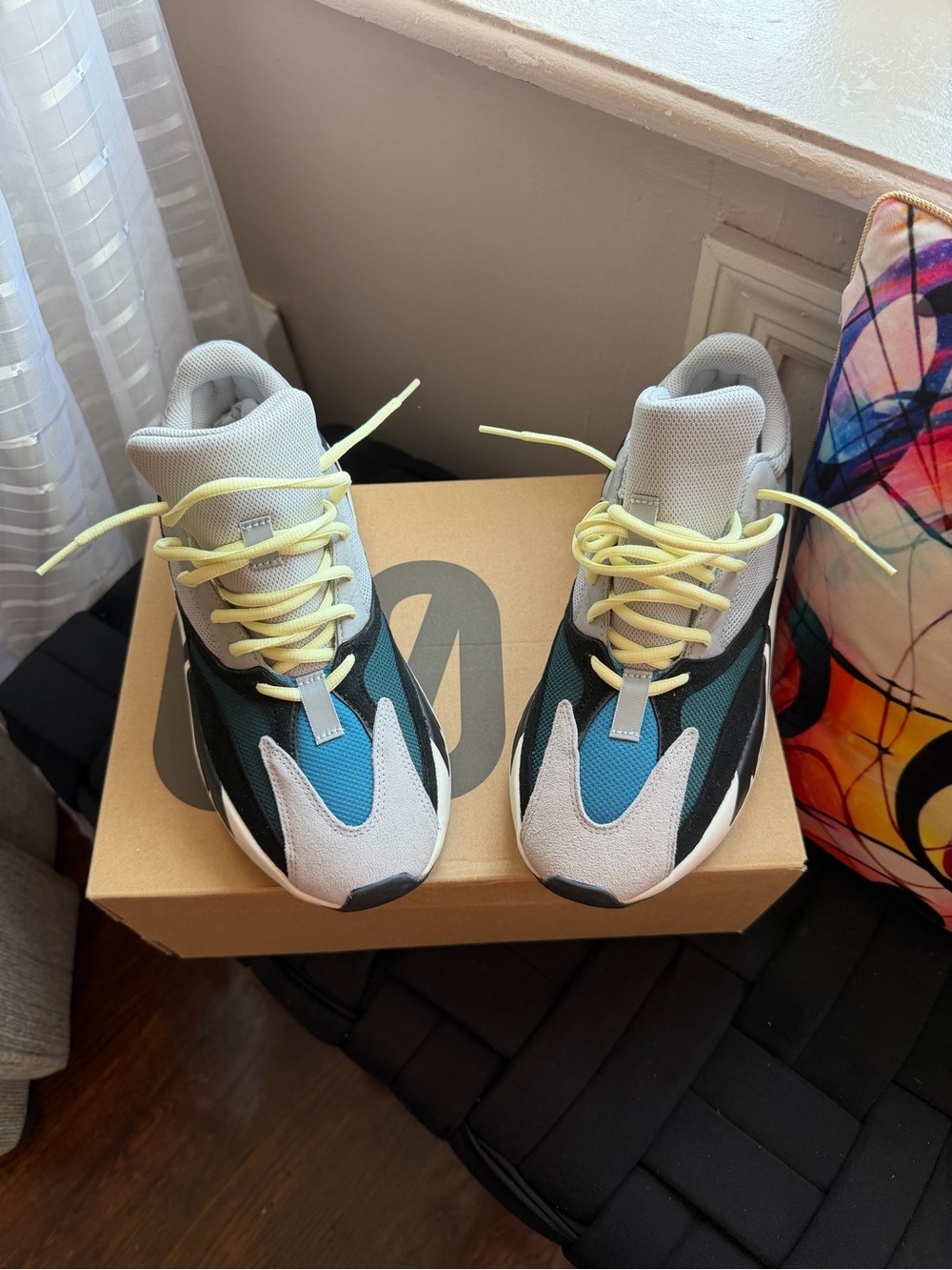 Yeezy men Sneakers - Teal, Black, Gray with Yellow Laces